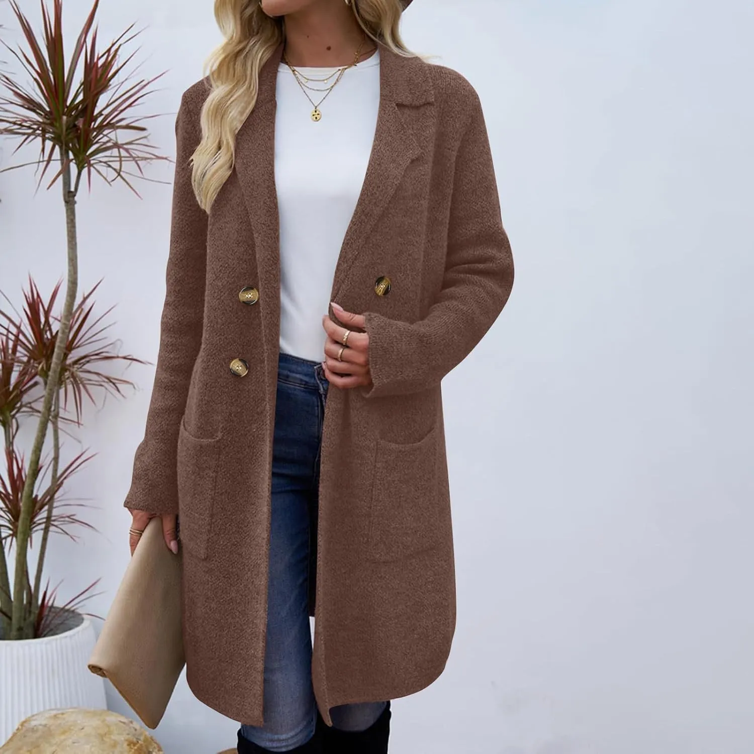 Trench Coat Women Mid Length Wool Coat Button Down Open Front Cardigan Elegant Coat Lapel Peacoat Fall Winter Jacket