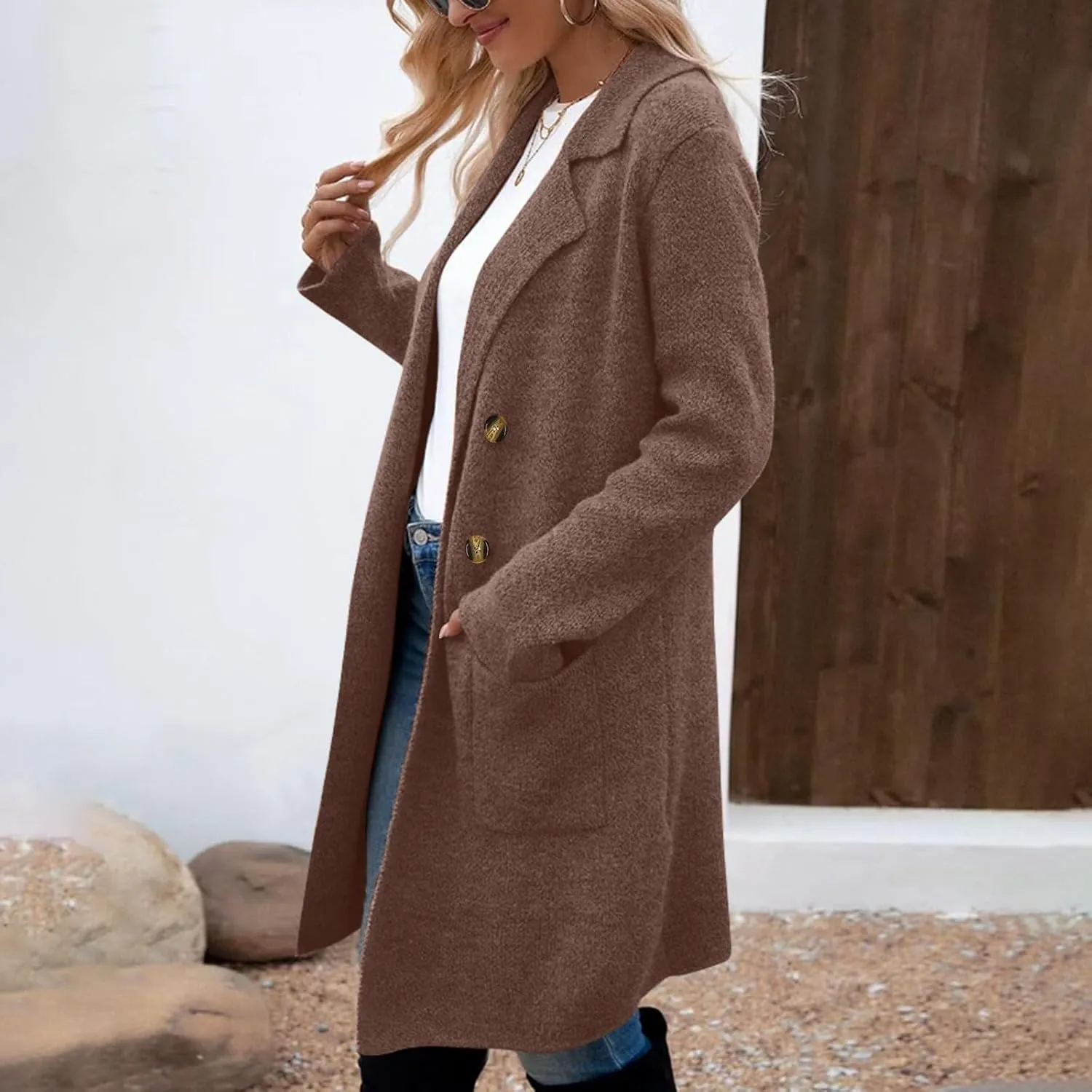 Trench Coat Women Mid Length Wool Coat Button Down Open Front Cardigan Elegant Coat Lapel Peacoat Fall Winter Jacket