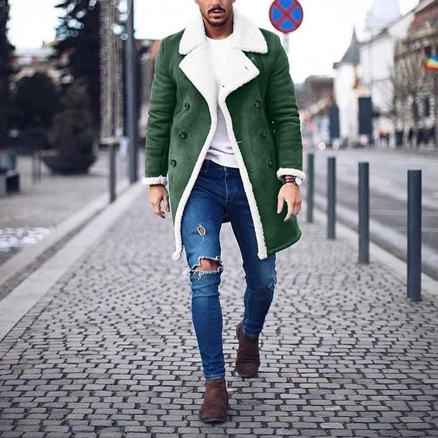 tuduoms Sherpa Black Leather Coat Men's Lapel Fleece Lined Leather Jacket Winter Warm Long Trench Coat Motorbike Bomber Coat