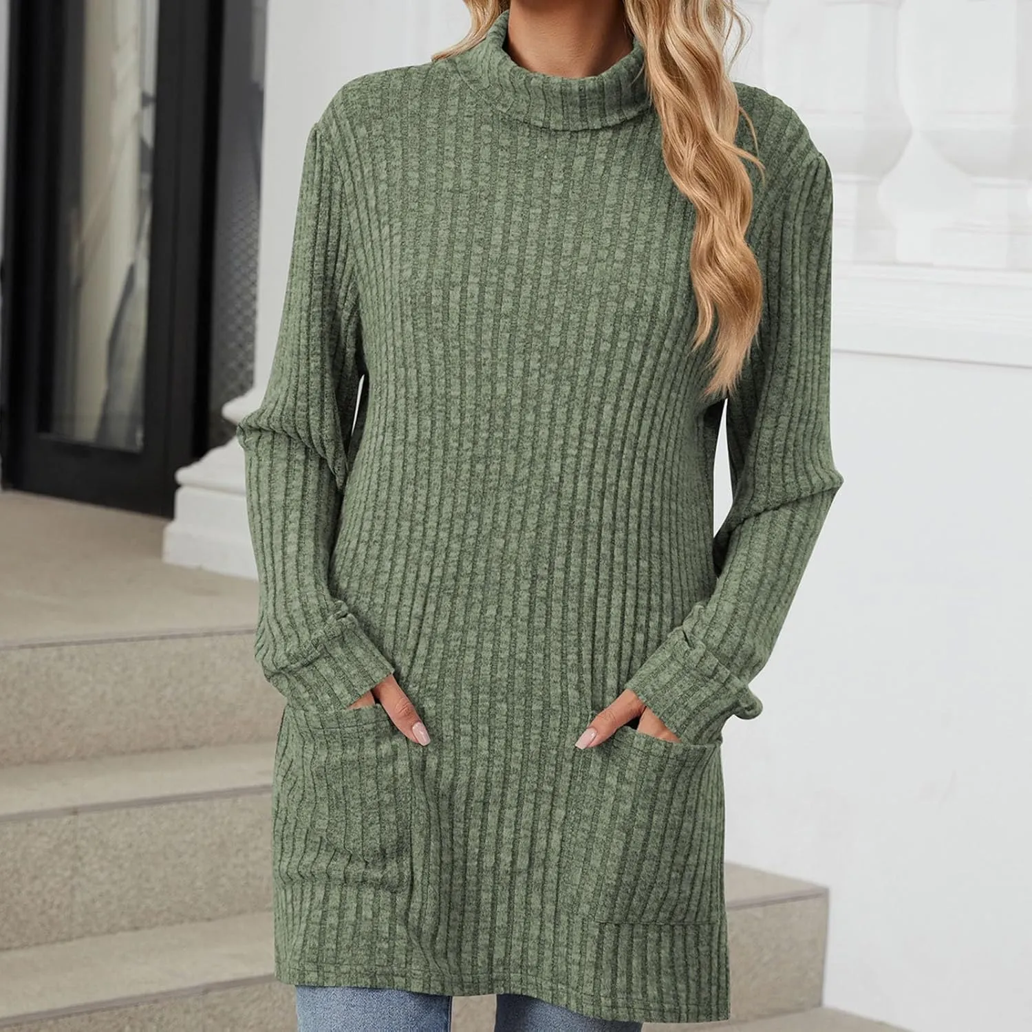 Turtle Neck Long Sleeve Sweater for Women Mid Length Casual Sweater Oversized Winter Pullover Blouse with Pockets