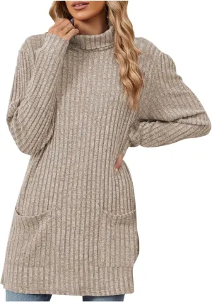 Turtle Neck Long Sleeve Sweater for Women Mid Length Casual Sweater Oversized Winter Pullover Blouse with Pockets
