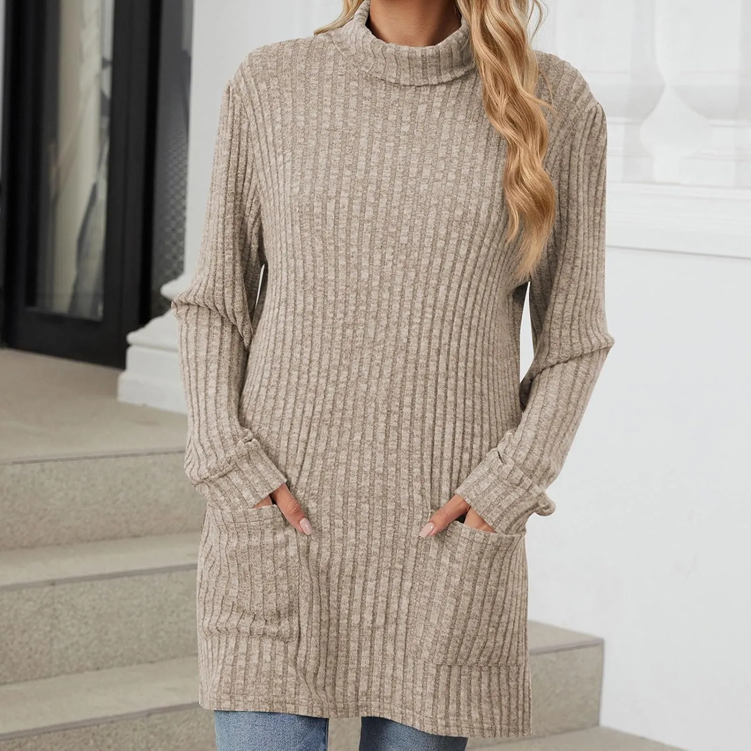 Turtle Neck Long Sleeve Sweater for Women Mid Length Casual Sweater Oversized Winter Pullover Blouse with Pockets