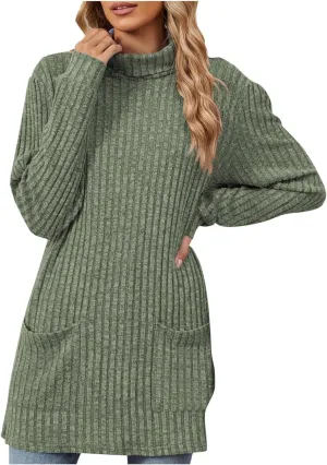 Turtle Neck Long Sleeve Sweater for Women Mid Length Casual Sweater Oversized Winter Pullover Blouse with Pockets