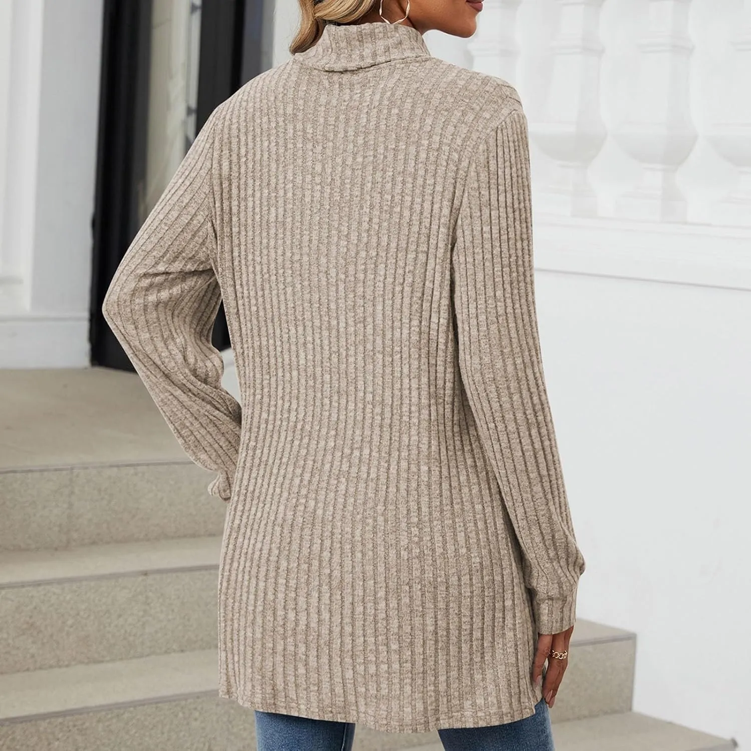 Turtle Neck Long Sleeve Sweater for Women Mid Length Casual Sweater Oversized Winter Pullover Blouse with Pockets
