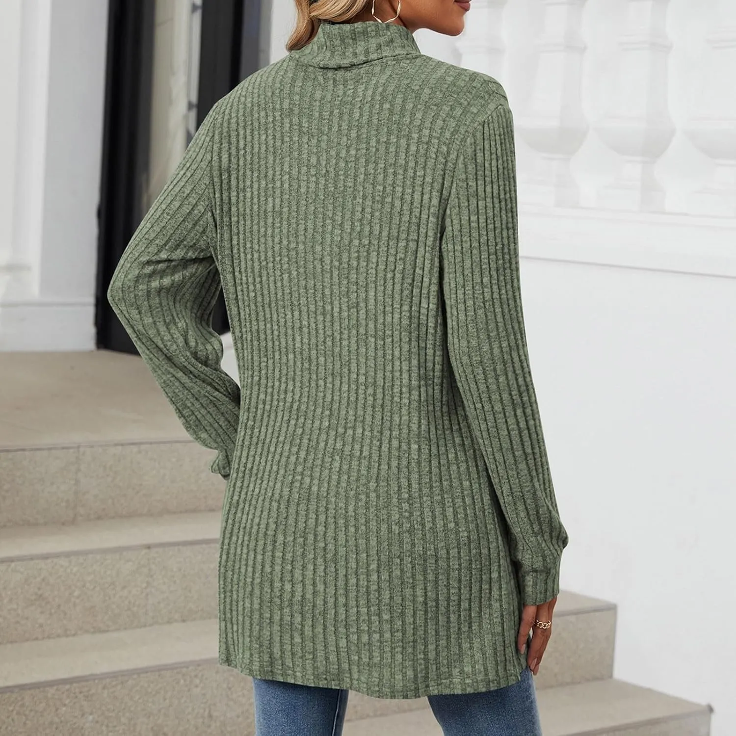 Turtle Neck Long Sleeve Sweater for Women Mid Length Casual Sweater Oversized Winter Pullover Blouse with Pockets