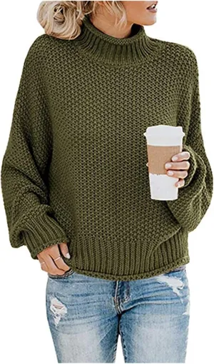 Turtleneck Sweater Women Oversized Batwing Sleeve Cardigan Knit Pullover Sweater Soild Color Tops