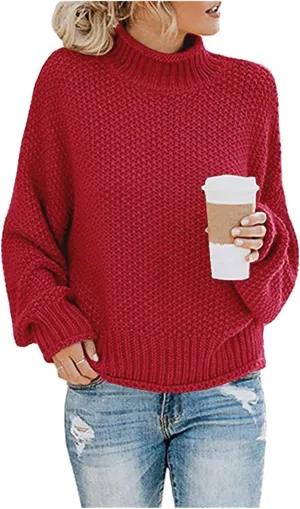 Turtleneck Sweater Women Oversized Batwing Sleeve Cardigan Knit Pullover Sweater Soild Color Tops