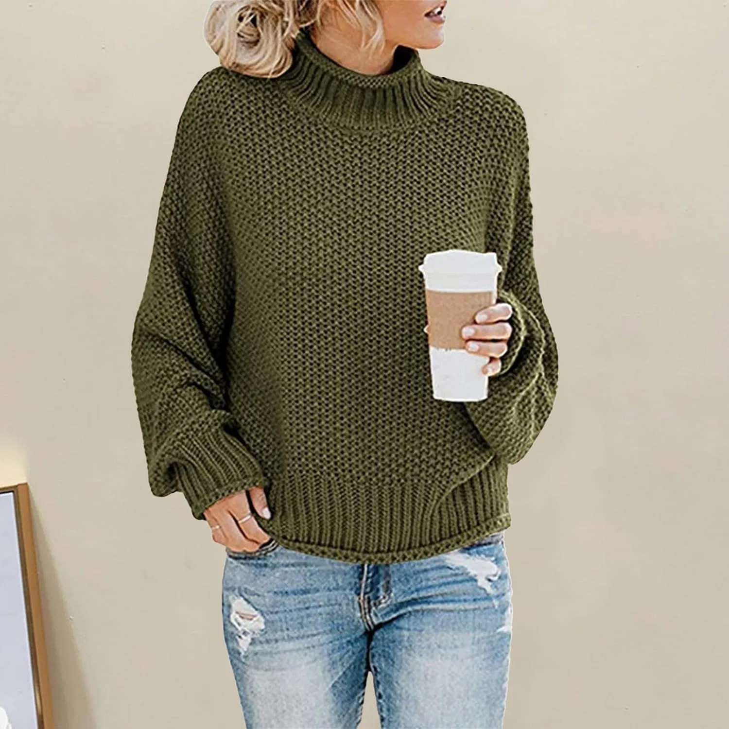 Turtleneck Sweater Women Oversized Batwing Sleeve Cardigan Knit Pullover Sweater Soild Color Tops