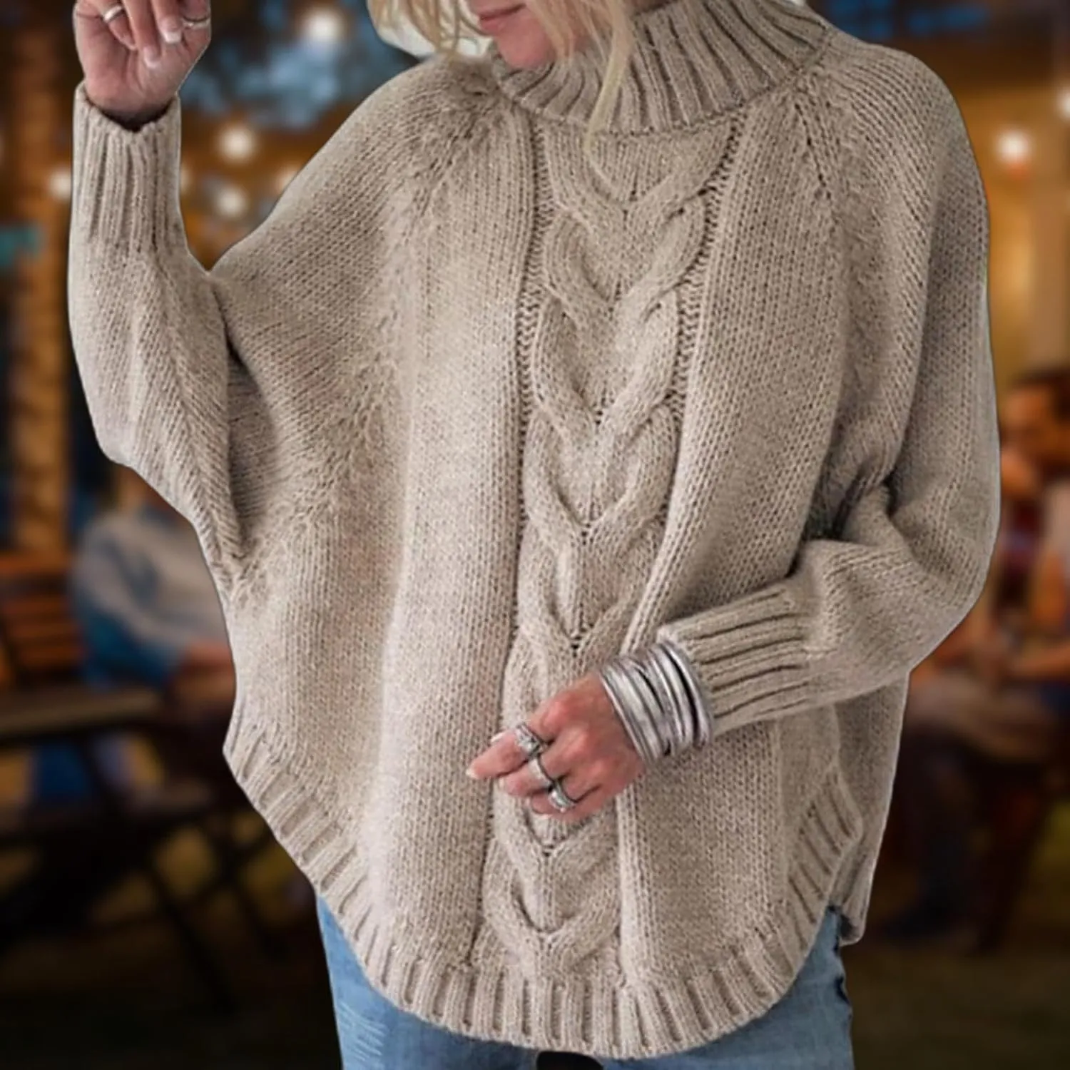 Turtleneck Sweater Women Oversized Chunky Pullover Sweaters Mock Neck Batwing Sleeve Winter Slouchy Loose Knit Sweaters