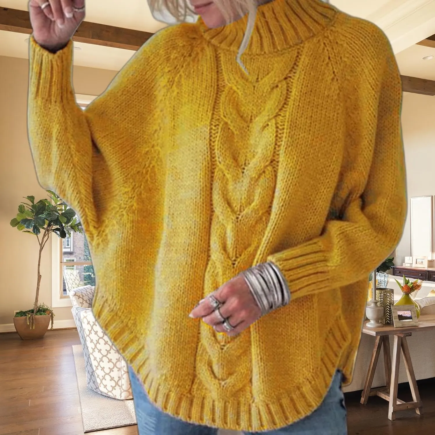 Turtleneck Sweater Women Oversized Chunky Pullover Sweaters Mock Neck Batwing Sleeve Winter Slouchy Loose Knit Sweaters