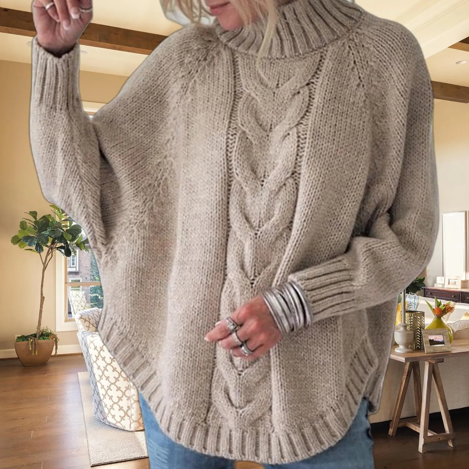 Turtleneck Sweater Women Oversized Chunky Pullover Sweaters Mock Neck Batwing Sleeve Winter Slouchy Loose Knit Sweaters