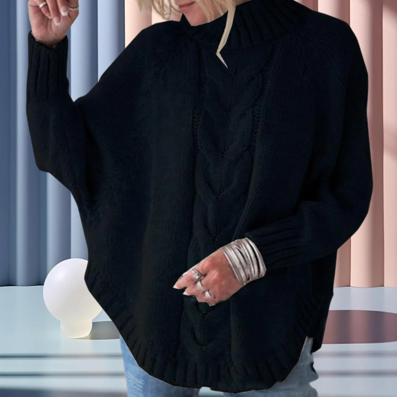 Turtleneck Sweater Women Oversized Chunky Pullover Sweaters Mock Neck Batwing Sleeve Winter Slouchy Loose Knit Sweaters