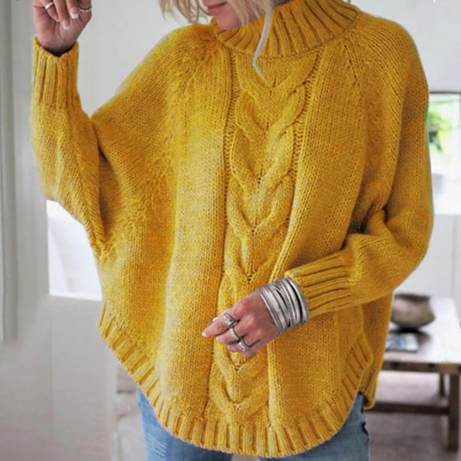 Turtleneck Sweater Women Oversized Chunky Pullover Sweaters Mock Neck Batwing Sleeve Winter Slouchy Loose Knit Sweaters
