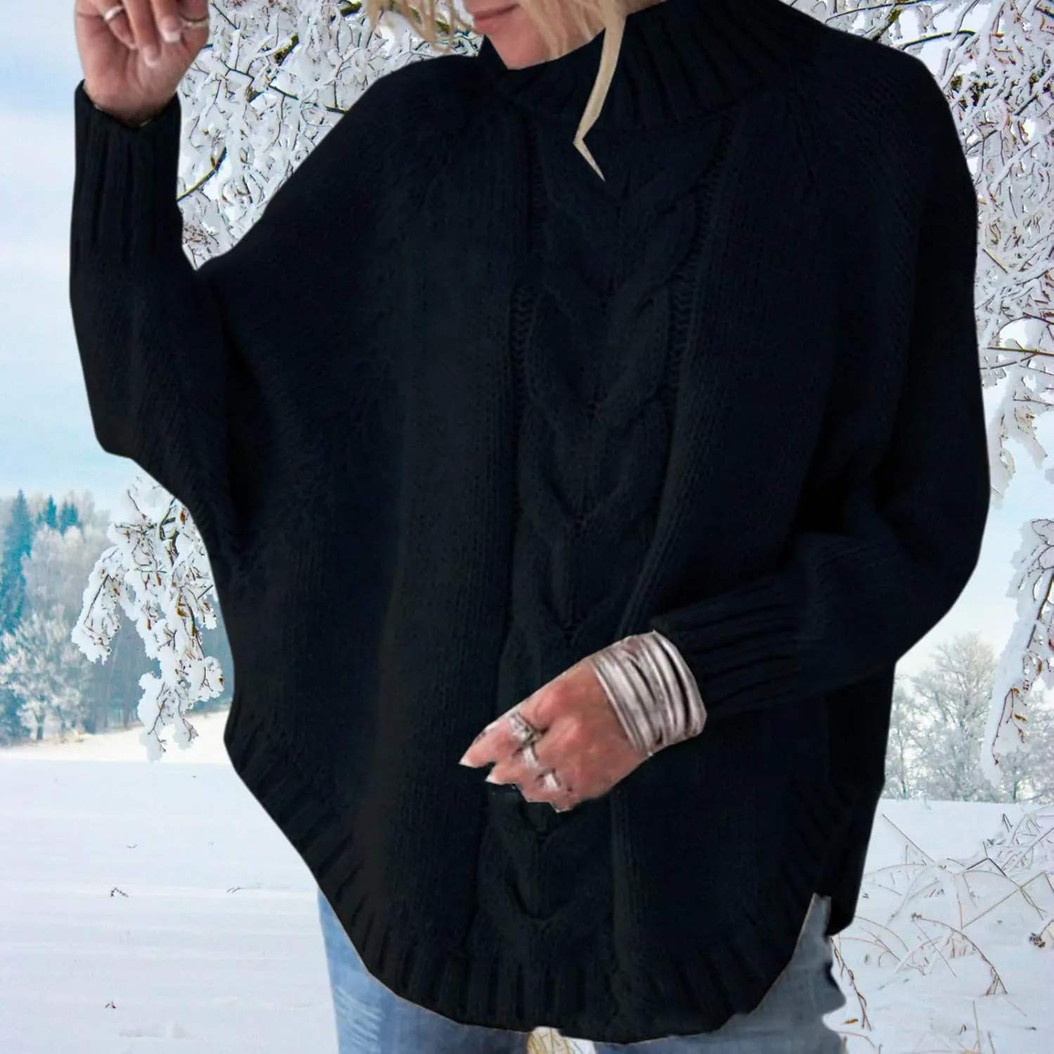 Turtleneck Sweater Women Oversized Chunky Pullover Sweaters Mock Neck Batwing Sleeve Winter Slouchy Loose Knit Sweaters