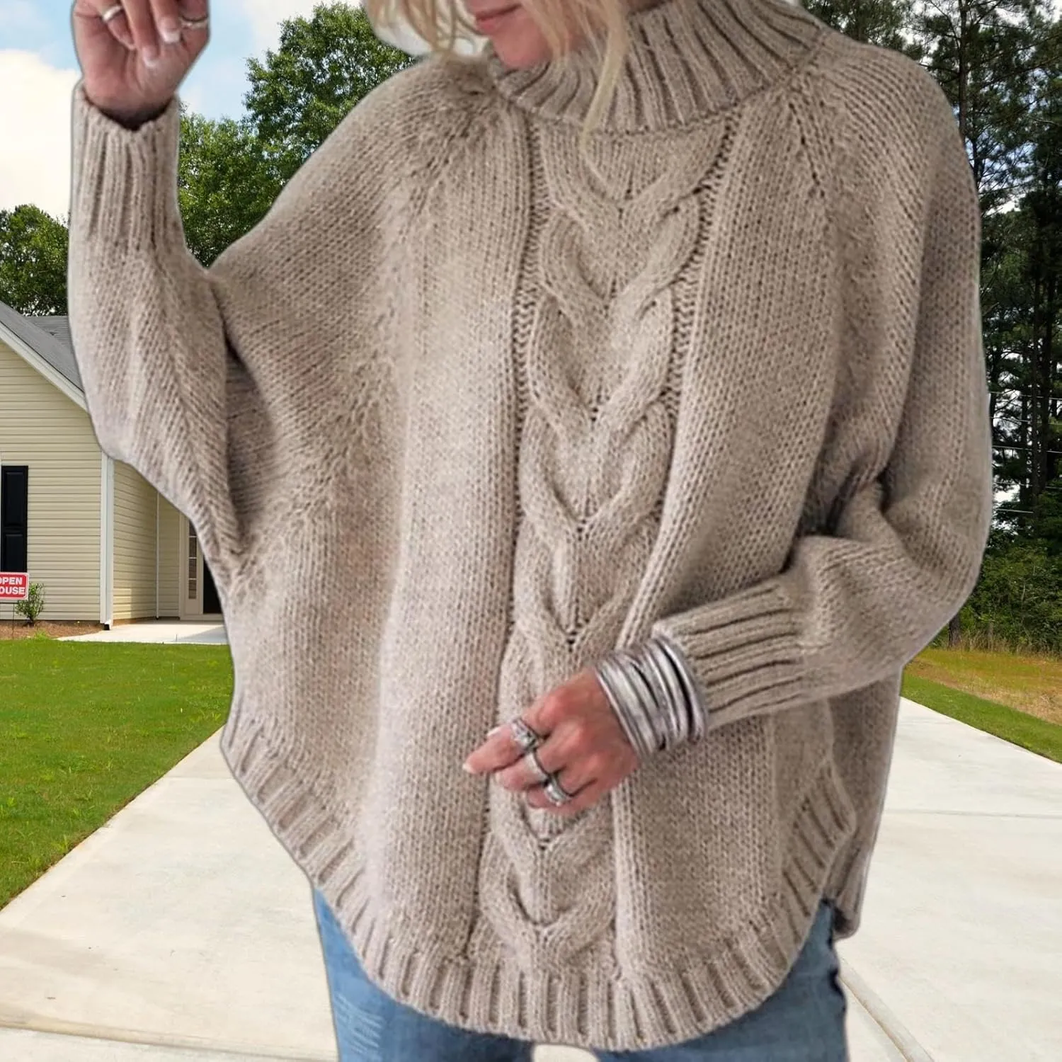 Turtleneck Sweater Women Oversized Chunky Pullover Sweaters Mock Neck Batwing Sleeve Winter Slouchy Loose Knit Sweaters