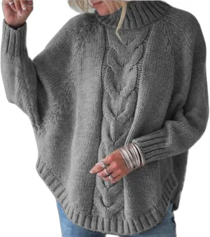 Turtleneck Sweater Women Oversized Chunky Pullover Sweaters Mock Neck Batwing Sleeve Winter Slouchy Loose Knit Sweaters