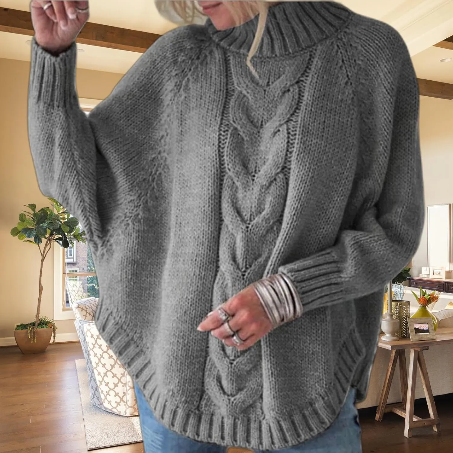 Turtleneck Sweater Women Oversized Chunky Pullover Sweaters Mock Neck Batwing Sleeve Winter Slouchy Loose Knit Sweaters