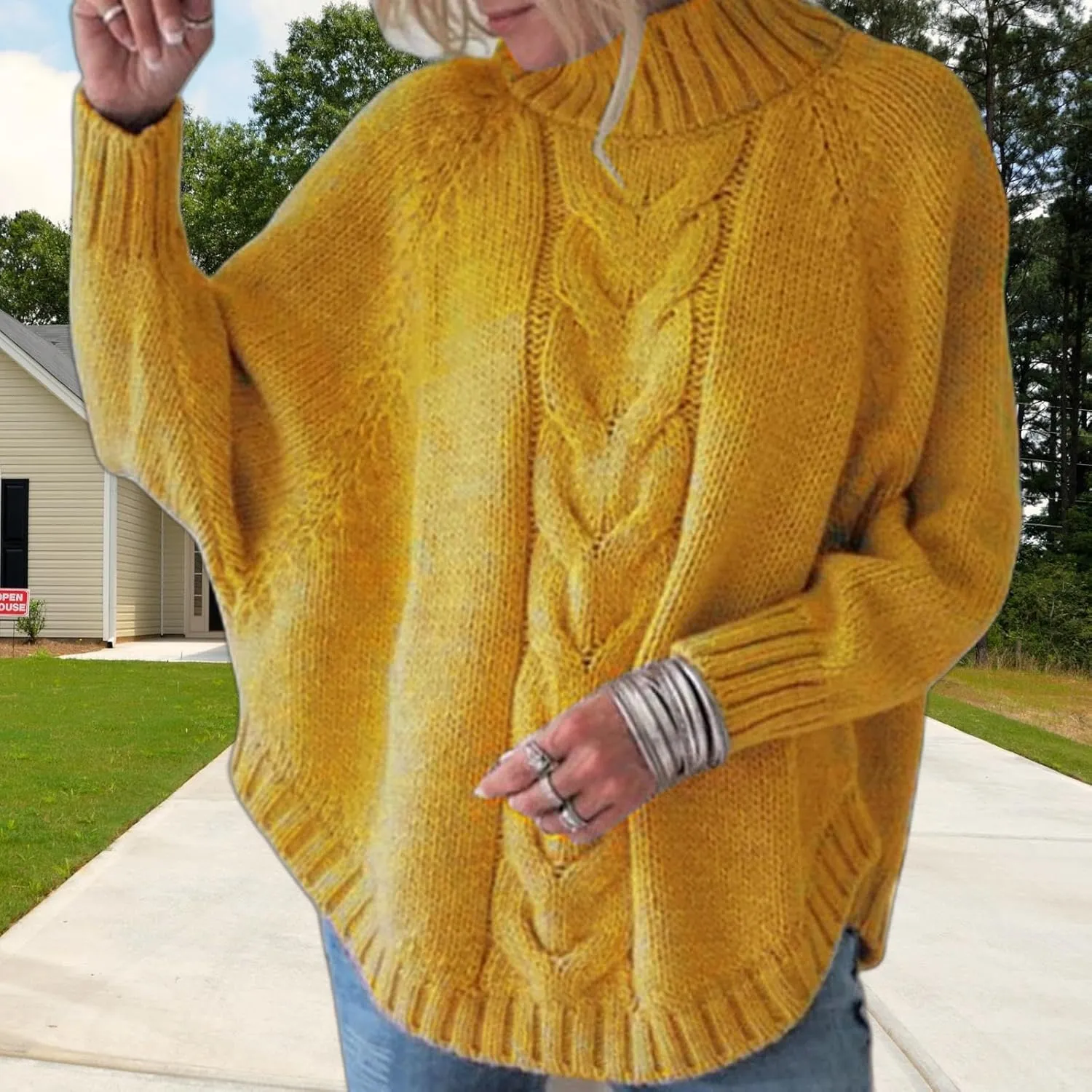 Turtleneck Sweater Women Oversized Chunky Pullover Sweaters Mock Neck Batwing Sleeve Winter Slouchy Loose Knit Sweaters