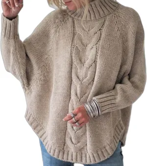 Turtleneck Sweater Women Oversized Chunky Pullover Sweaters Mock Neck Batwing Sleeve Winter Slouchy Loose Knit Sweaters