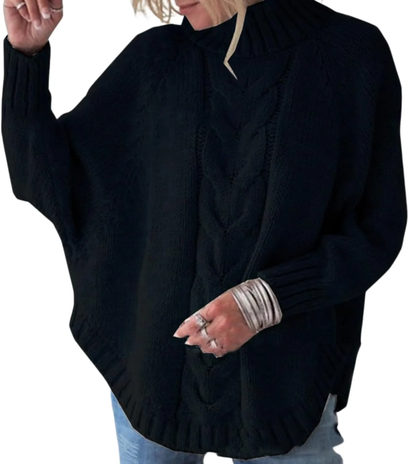 Turtleneck Sweater Women Oversized Chunky Pullover Sweaters Mock Neck Batwing Sleeve Winter Slouchy Loose Knit Sweaters