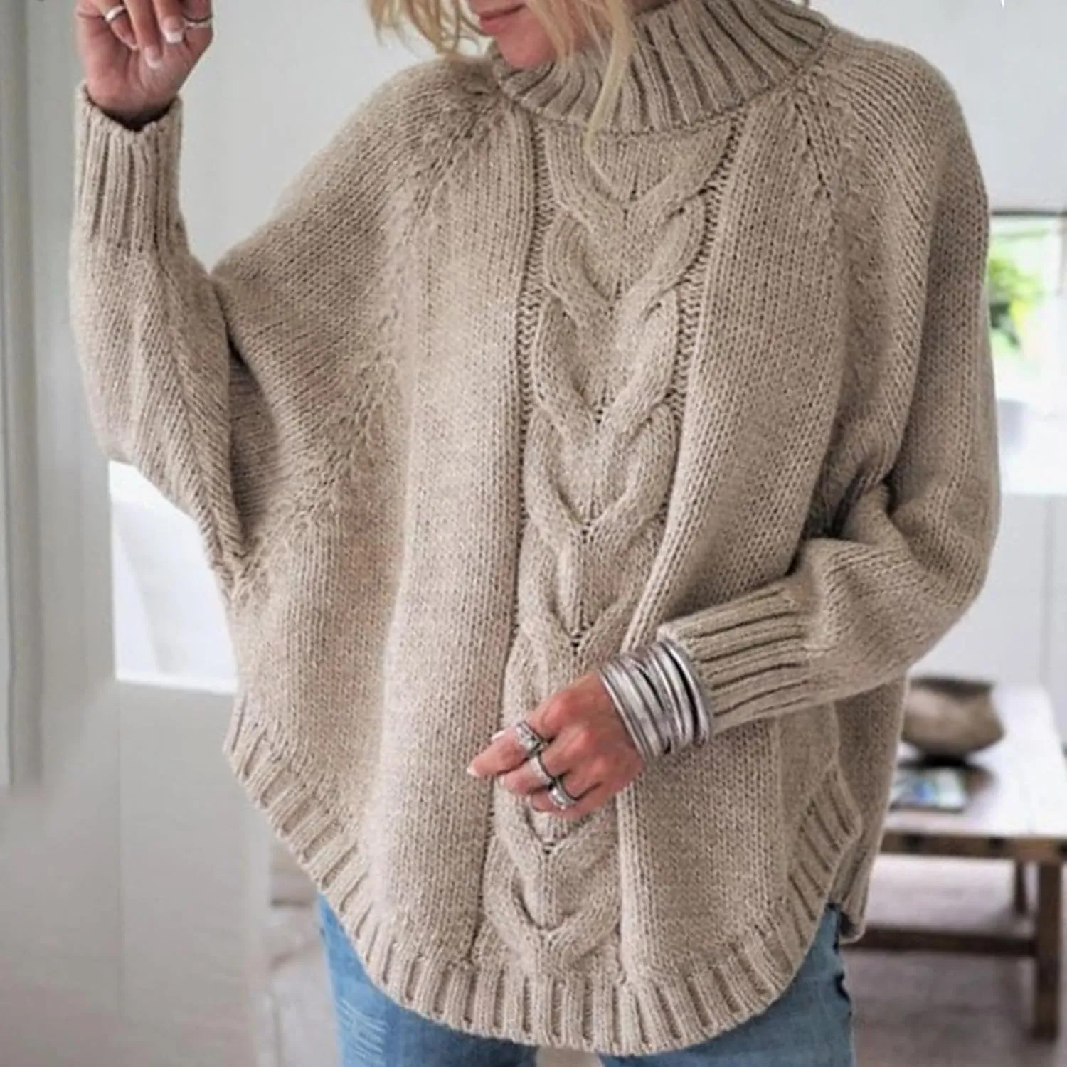 Turtleneck Sweater Women Oversized Chunky Pullover Sweaters Mock Neck Batwing Sleeve Winter Slouchy Loose Knit Sweaters