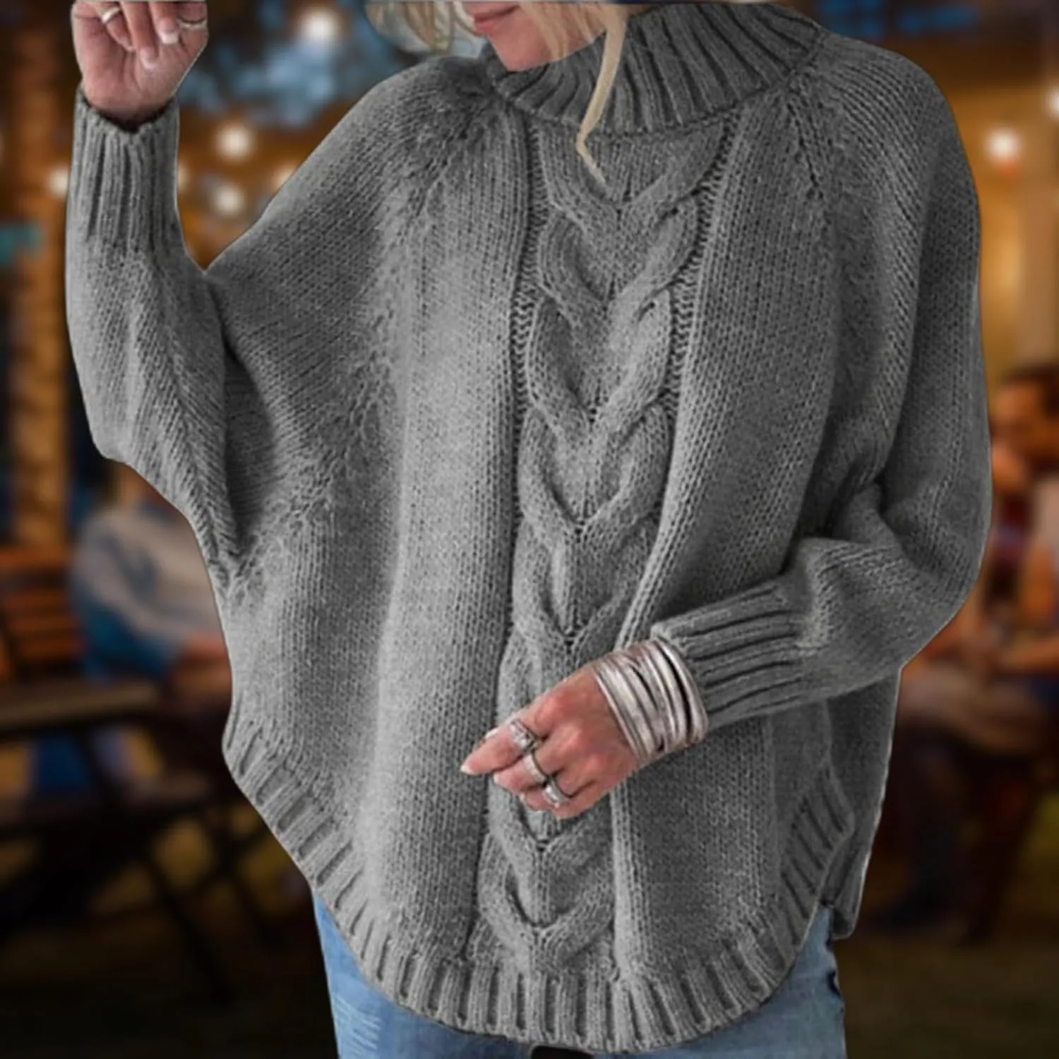 Turtleneck Sweater Women Oversized Chunky Pullover Sweaters Mock Neck Batwing Sleeve Winter Slouchy Loose Knit Sweaters