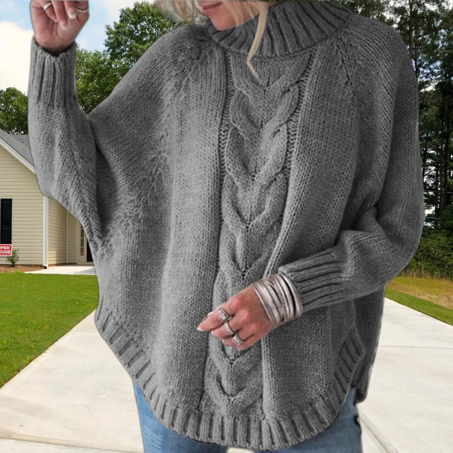 Turtleneck Sweater Women Oversized Chunky Pullover Sweaters Mock Neck Batwing Sleeve Winter Slouchy Loose Knit Sweaters