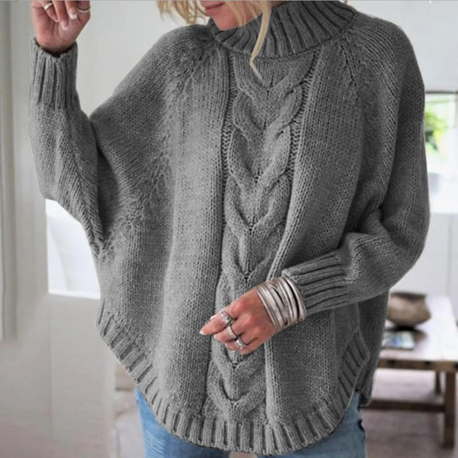 Turtleneck Sweater Women Oversized Chunky Pullover Sweaters Mock Neck Batwing Sleeve Winter Slouchy Loose Knit Sweaters