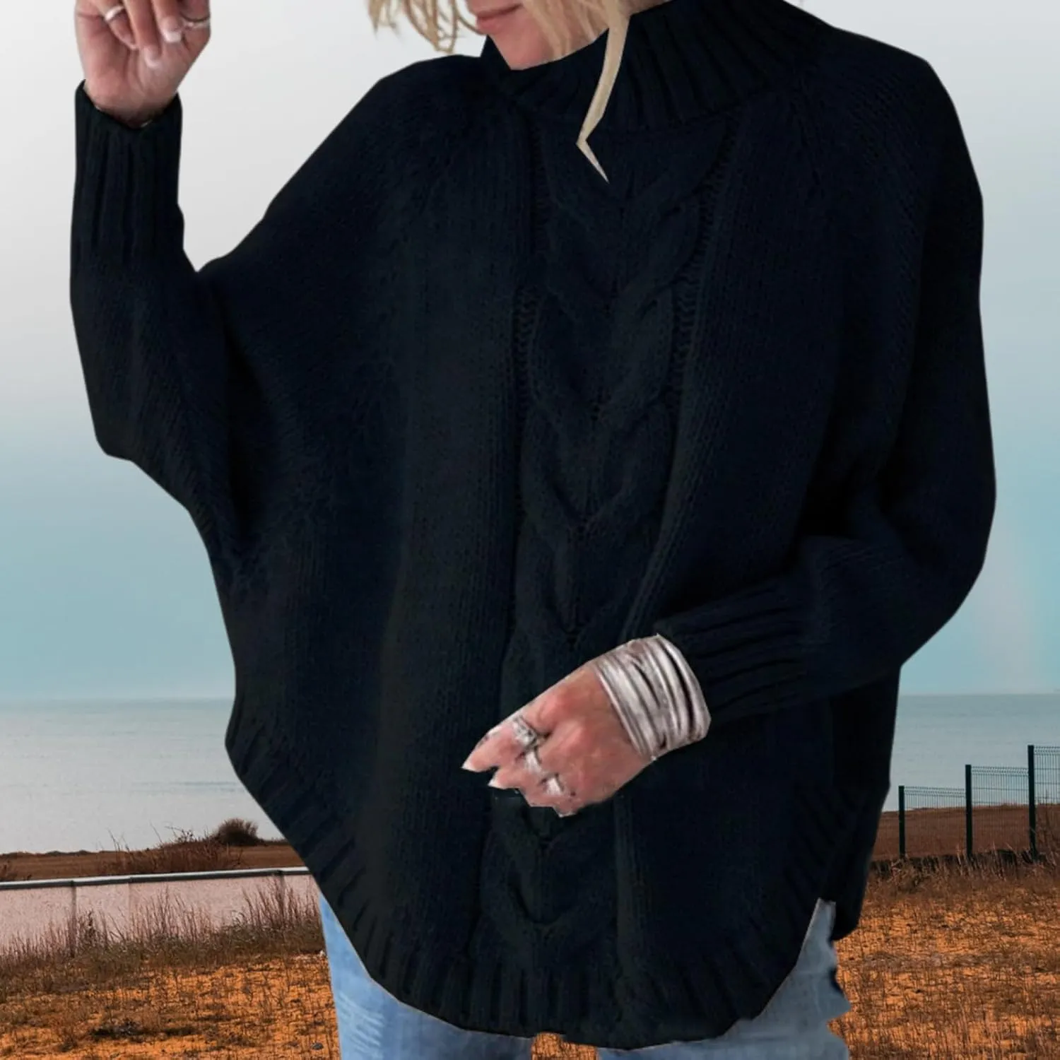 Turtleneck Sweater Women Oversized Chunky Pullover Sweaters Mock Neck Batwing Sleeve Winter Slouchy Loose Knit Sweaters