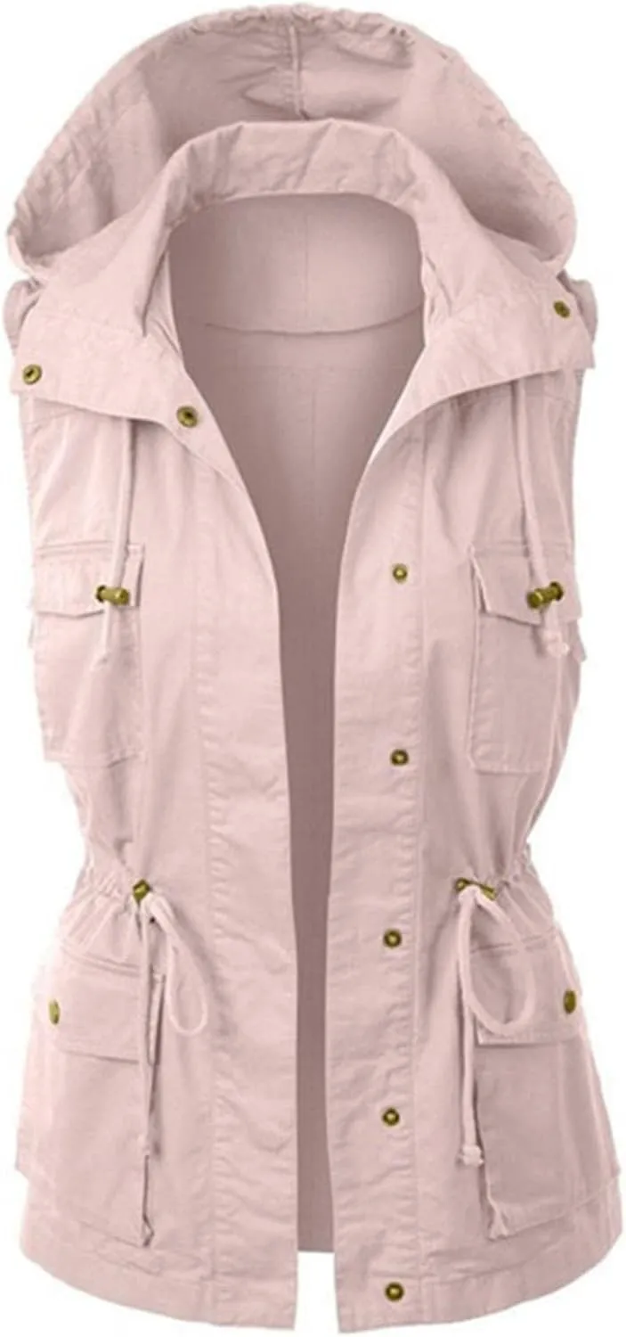 Utility Vest for Women Sleeveless High Neck Button Up Plain Shacket Jacket Hooded Coat With Pocket With Hood Stand-up Collar