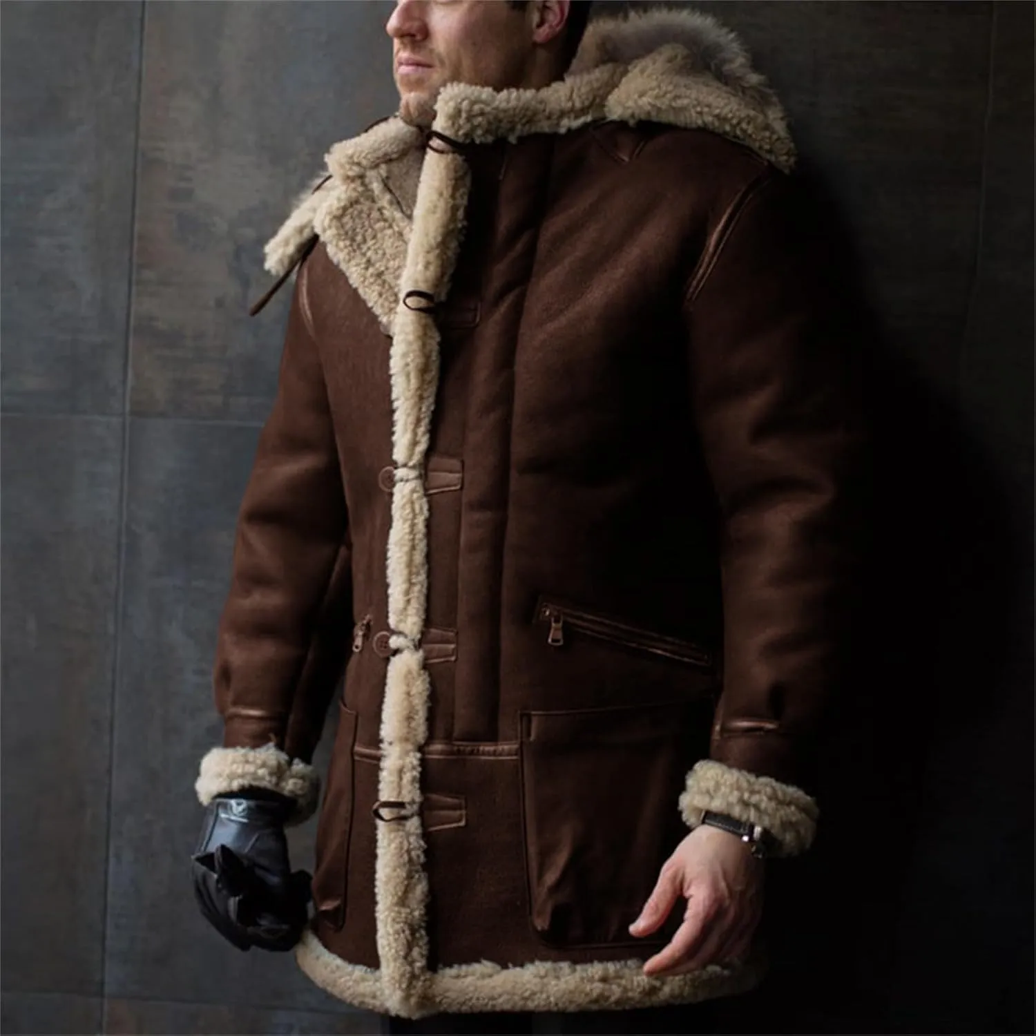 Wankang Mens Shearling Sheepskin Leather Warm Duffle Trench Coat Faux Fur Sherpa Lined Leather Jacket Winter Coat for Men