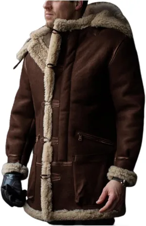 Wankang Mens Shearling Sheepskin Leather Warm Duffle Trench Coat Faux Fur Sherpa Lined Leather Jacket Winter Coat for Men