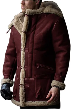 Wankang Mens Shearling Sheepskin Leather Warm Duffle Trench Coat Faux Fur Sherpa Lined Leather Jacket Winter Coat for Men
