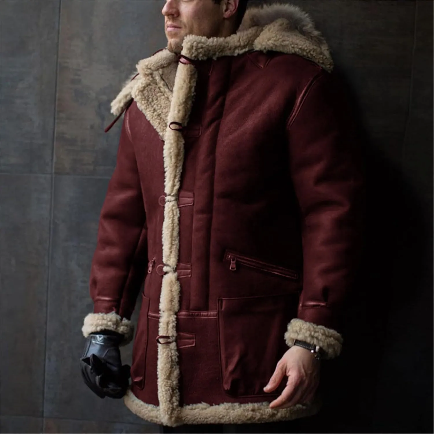 Wankang Mens Shearling Sheepskin Leather Warm Duffle Trench Coat Faux Fur Sherpa Lined Leather Jacket Winter Coat for Men