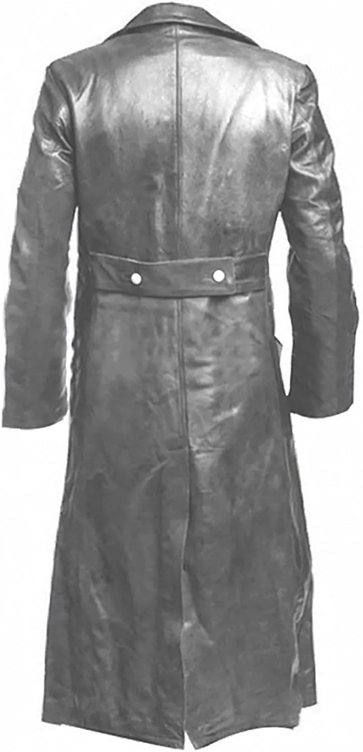 Wankang Mens WW2 Officer Military Uniform Black Faux Leather Trench Coat Jacket Vintage Long Trench Coat Motorcycle Jakcet