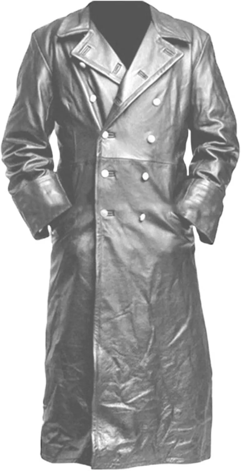 Wankang Mens WW2 Officer Military Uniform Black Faux Leather Trench Coat Jacket Vintage Long Trench Coat Motorcycle Jakcet