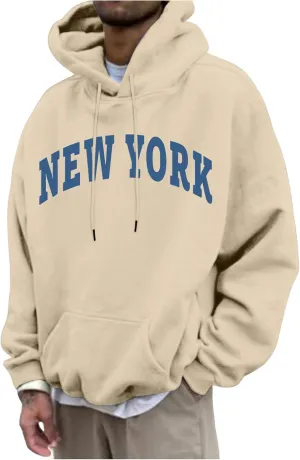 Wankang New York Hoodies for Men Crew Neck Sweatshirts Letter Graphic Hoodie Relaxed Fit Long Sleeve Pullover Tops