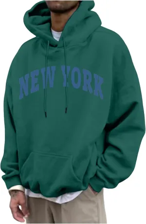 Wankang New York Hoodies for Men Crew Neck Sweatshirts Letter Graphic Hoodie Relaxed Fit Long Sleeve Pullover Tops