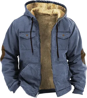 Winter Coats For Men Solid Hooded Zipper Warm Cardigan Knitted Coat Washed Duck Sherpa-Lined Utility Jacket Peacoat