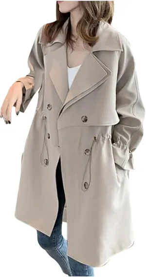 Winter Coats for Women Double-Breasted Long Trench Coat Classic Lapel Oversized Overcoat With Drawstring