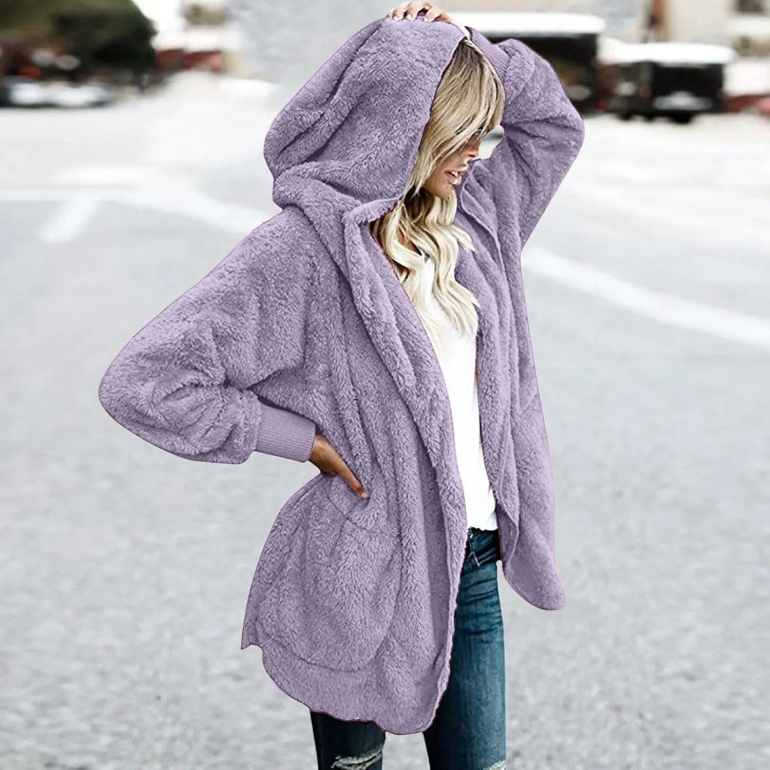 Winter Coats for Women Oversized Sherpa Fleece Jacket Open Front Hooded Warm Sherpa Lined Jacket Outerwear