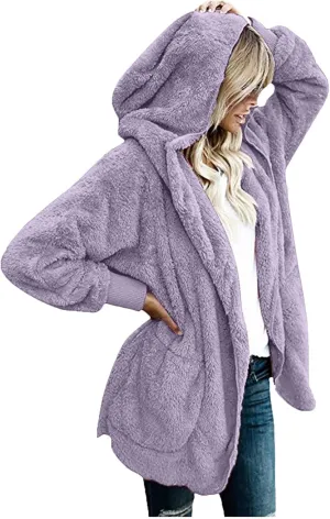 Winter Coats for Women Oversized Sherpa Fleece Jacket Open Front Hooded Warm Sherpa Lined Jacket Outerwear