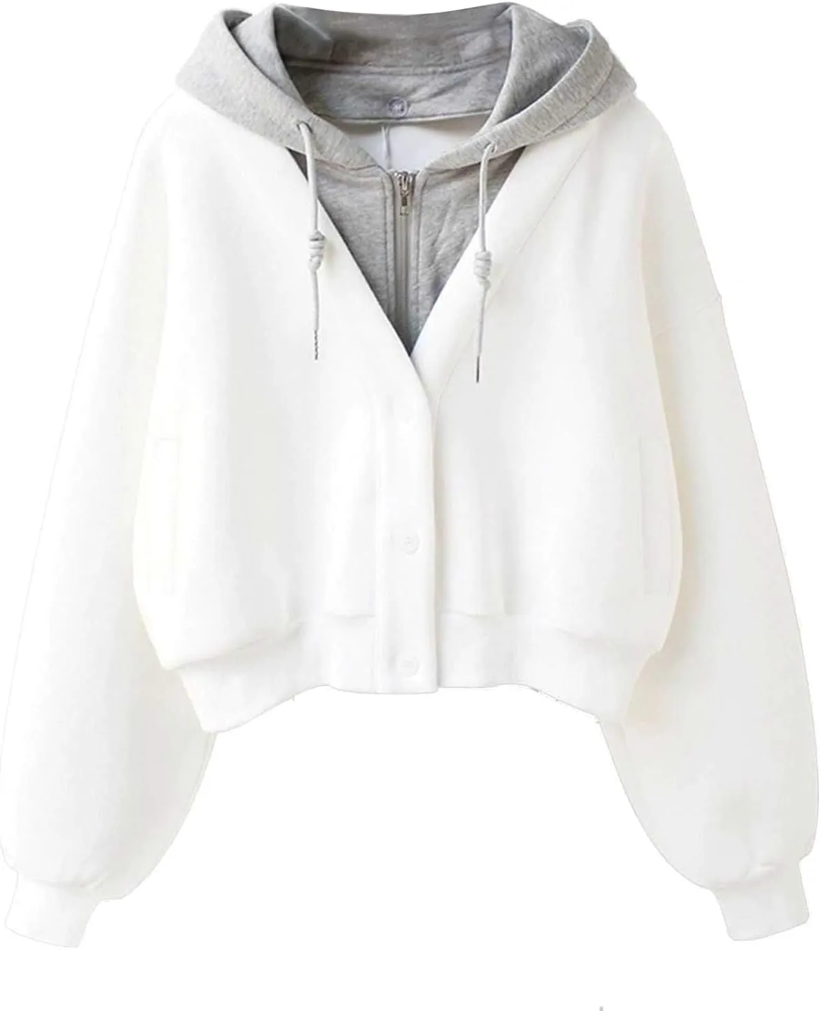 Winter Fleece Cropped Sweatshirts Zip Up Fake Two Pieces Jacket Hoodies Oversized Long Sleeve Drawstring Trendy Coat