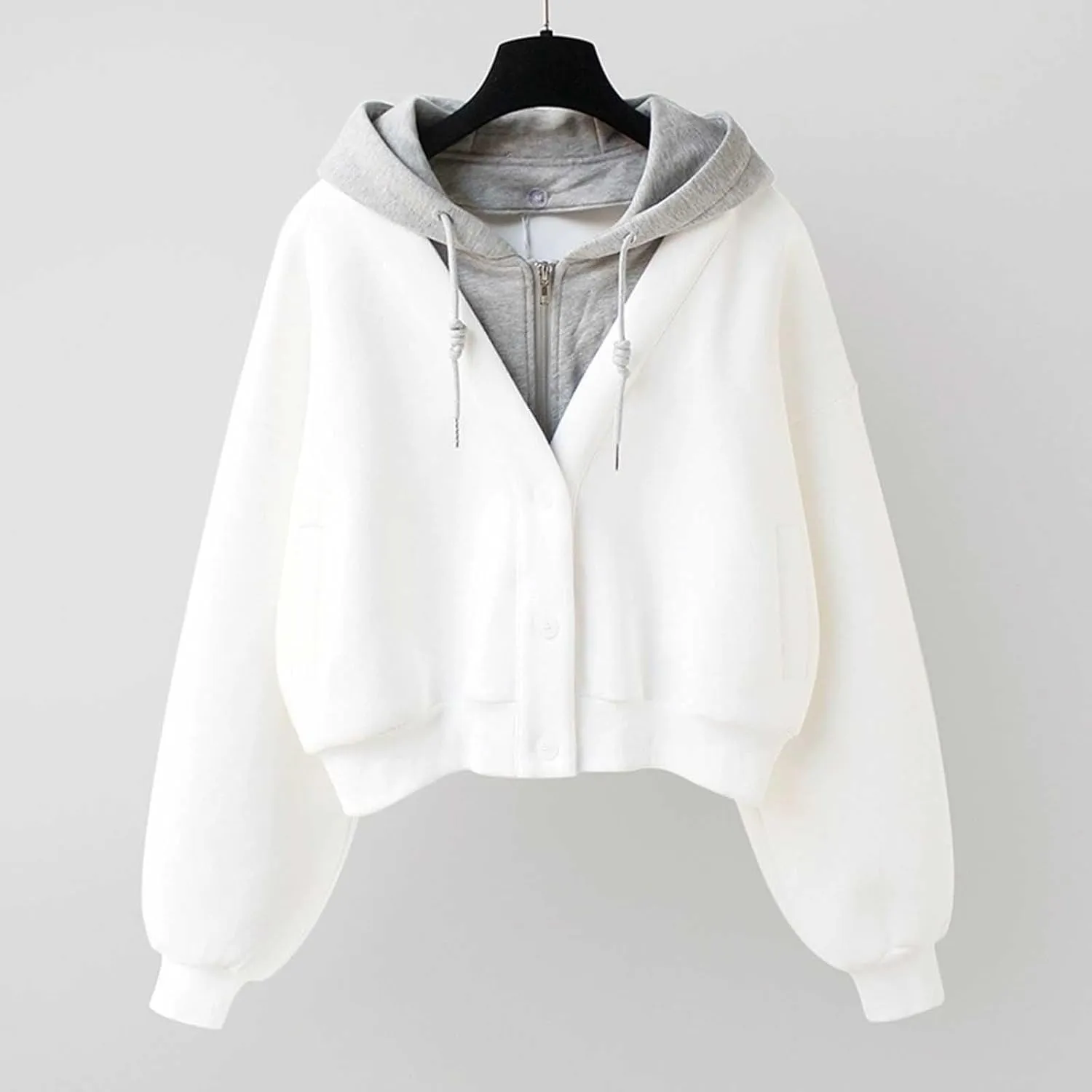Winter Fleece Cropped Sweatshirts Zip Up Fake Two Pieces Jacket Hoodies Oversized Long Sleeve Drawstring Trendy Coat