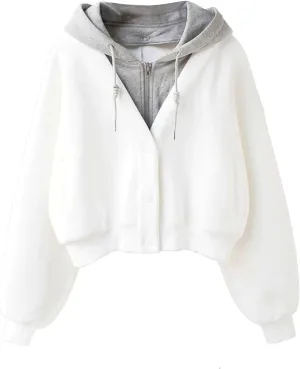 Winter Fleece Cropped Sweatshirts Zip Up Fake Two Pieces Jacket Hoodies Oversized Long Sleeve Drawstring Trendy Coat