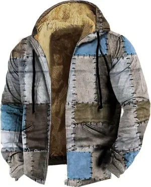 Winter Hooded Jackets for Men Heavyweight Fleece Warm Soft Color Block Hoodies Zip Up Thick Sherpa Lined Coat Outwear