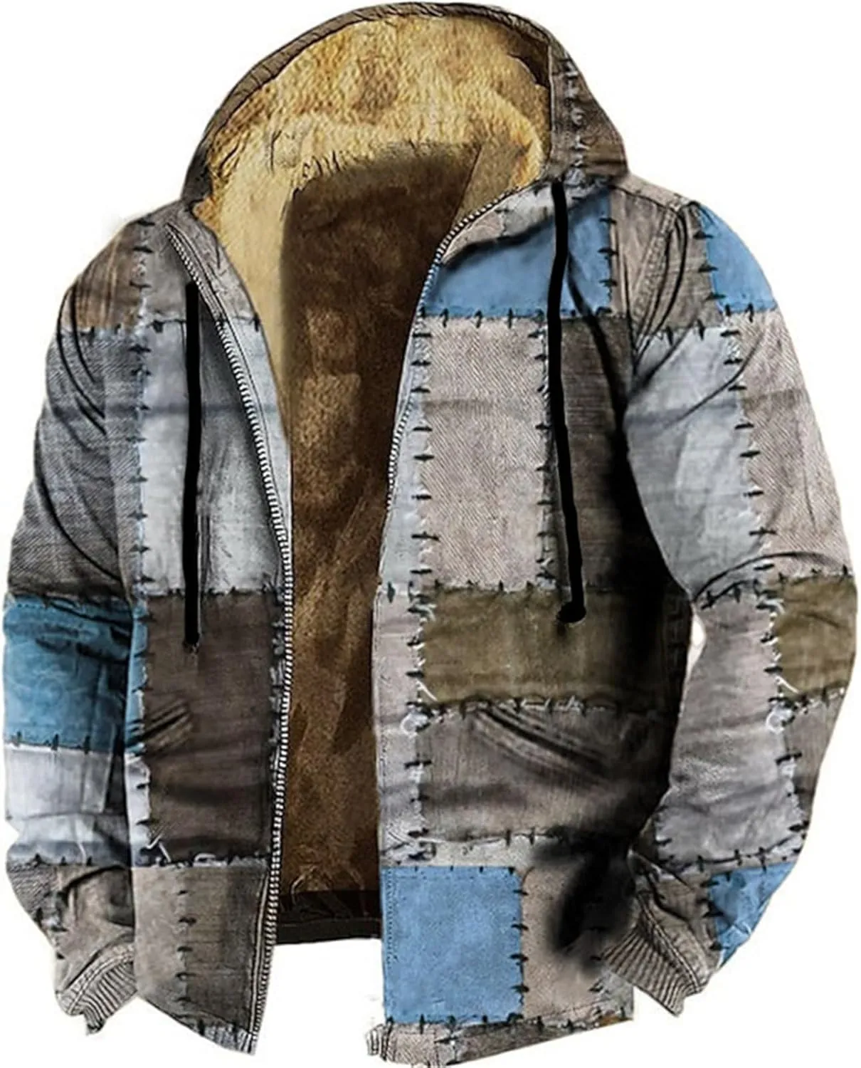 Winter Hooded Jackets for Men Heavyweight Fleece Warm Soft Color Block Hoodies Zip Up Thick Sherpa Lined Coat Outwear