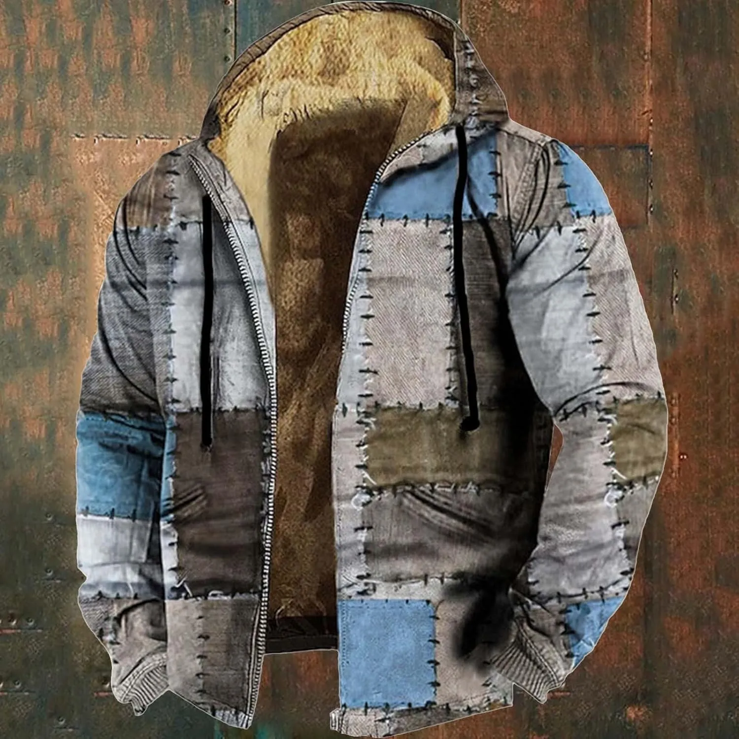 Winter Hooded Jackets for Men Heavyweight Fleece Warm Soft Color Block Hoodies Zip Up Thick Sherpa Lined Coat Outwear