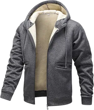 Winter Hoodie Jackets For Men Comfy Soft Fleece Lined Coat Tops Fashion Drawstring Zipper Sweatshirt Sherpa Outwear