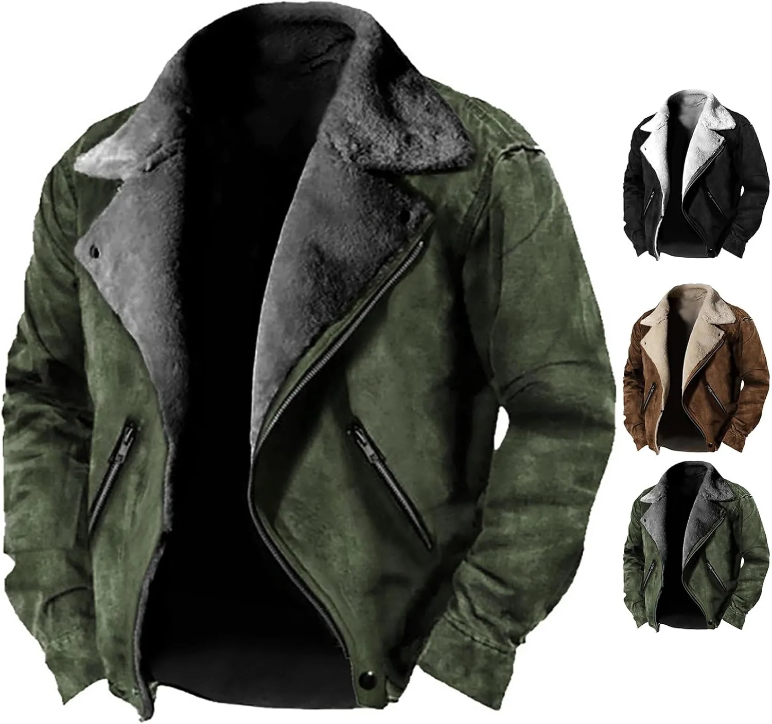 Winter Jackets for Men Sherpa Lined Fleece Casual Distressed Trucker Coats Classic Lapel Motorcycle Bomber Jacket